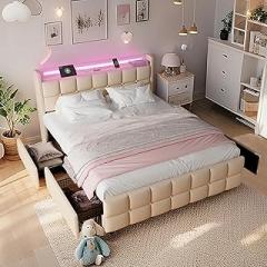 Modern LED Storage Bed with Charging Station All-Metal Platform Bed Frame Featuring 2-Tier Headboard, 4 Storage Drawers, and Easy Assembly(201-Beige, Queen)