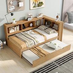 Twin Daybed with Trundle and L Shaped Bookcases, Wood Twin Platform Bed with USB Ports and Storage Cabinets, Twin Sofa Bed Frame for Bedroom,Living Room,No Box Spring Needed (Natural)