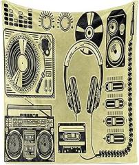 Ambesonne Hip Hop Throw Blanket, Electronic Music Devices as Turntable Headphones Speaker for Recording, Flannel Fleece Accent Piece Soft Couch Cover for Adults, 50