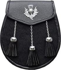 Hamilton Kilts Black Scottish Highland Thistle Leather Sporran With 3 Tassels